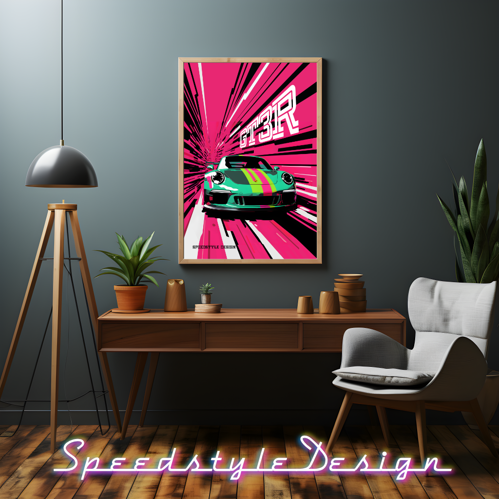 Porsche GT3R minimalist stencil graphic poster, printed as a giclee poster print