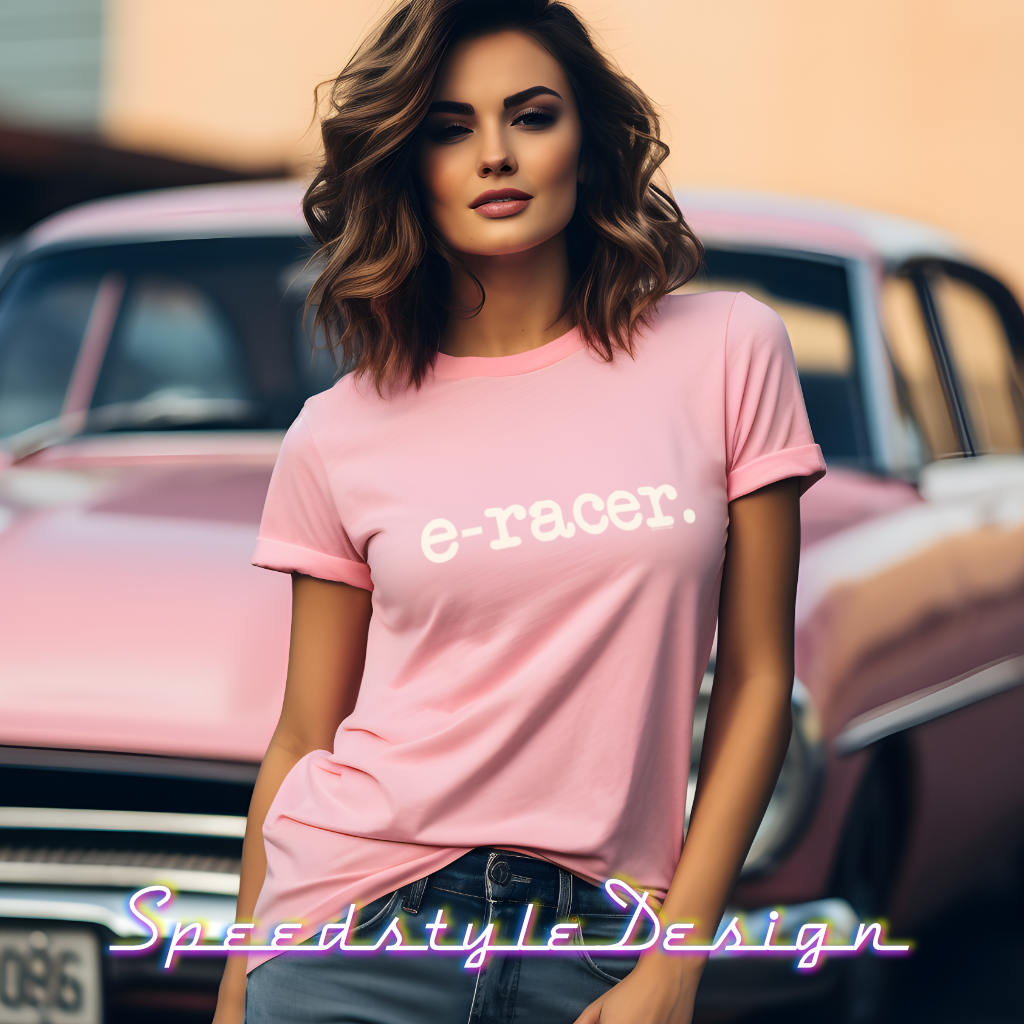 e-racer. - white print, on a 100% cotton premium weight t-shirt